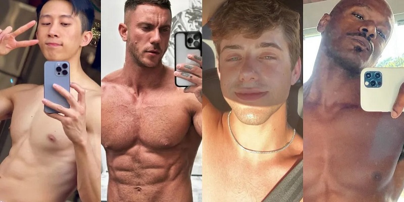 Group of male adult content creators, taking selfies. Some with ripped bodies and some with hairy chest and body.